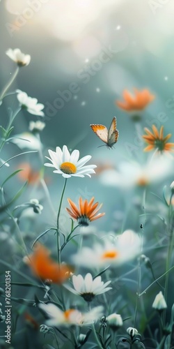 Beautiful wild flowers daisies and butterfly in morning cool haze in nature spring close-up macro. Delightful airy artistic image beauty summer nature
