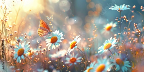 Beautiful wild flowers daisies and butterfly in morning cool haze in nature summer close-up macro. Delightful airy artistic image beauty summer nature.  © Frank