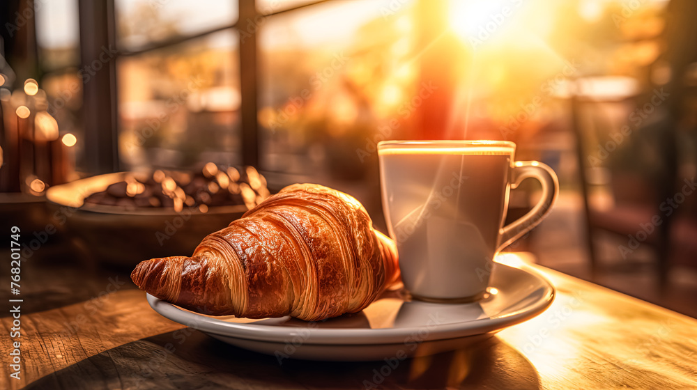 A white coffee cup sits on a white plate next to a croissant. A white coffee cup sits on a white plate next to a croissant.