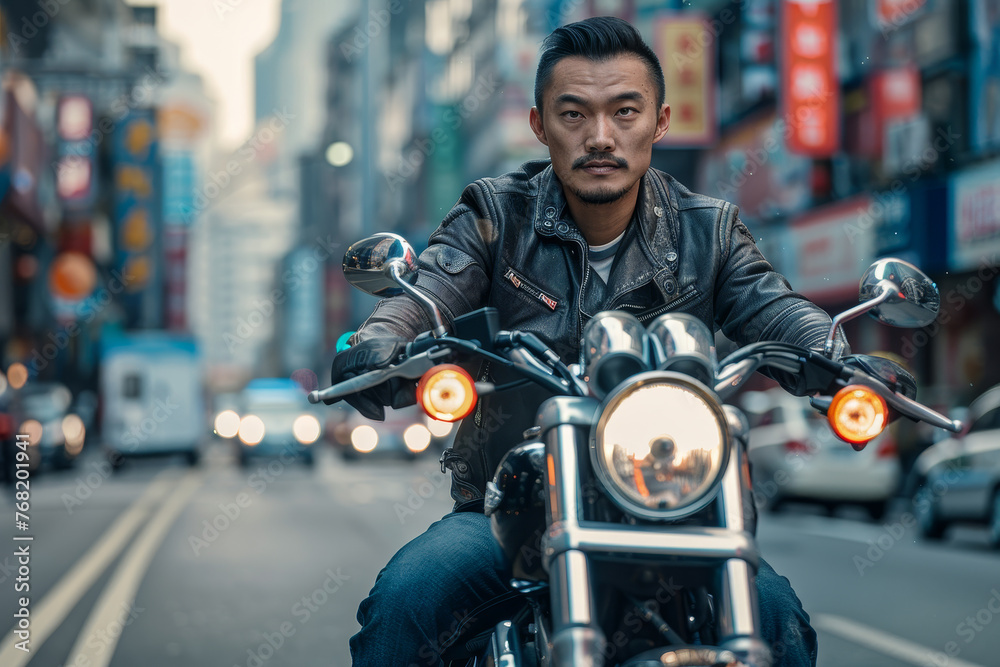 A man in a leather jacket is riding a motorcycle down a busy street