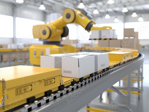 A yellow robot is moving boxes along a conveyor belt. The boxes are white and have barcodes on them. The robot is in a factory setting, surrounded by other machines and equipment