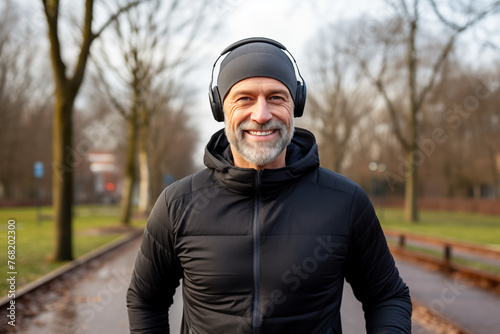 Cheerful mature man with headphones in park setting, embodying fitness and well-being in the golden years. © Darya