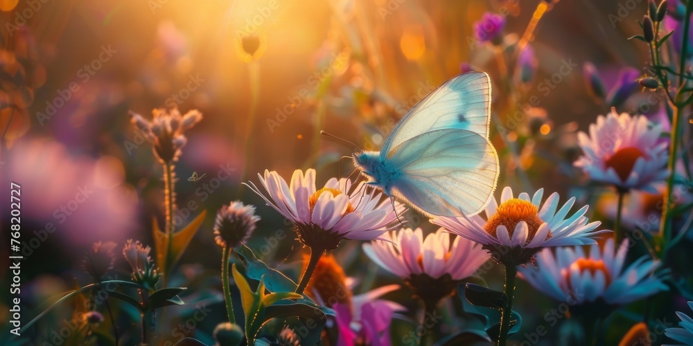 Beautiful wild flowers and butterfly in nature summer close-up macro. Delightful airy artistic image beauty summer nature.