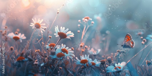 Beautiful wild flowers daisies and butterfly in morning cool haze in nature spring close-up macro. Delightful airy artistic image beauty summer nature.  © Frank