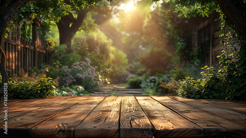 Empty Wooden Table With Garden Background