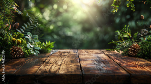 Empty Wooden Table With Garden Background