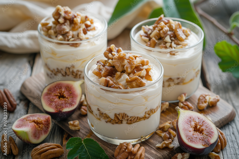 Three Desserts With Figs and Nuts on Table Three Desserts With Figs and Nuts on Table