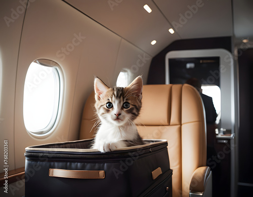 Cat on board an airplane. AI generated. photo