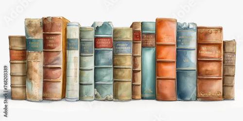 A row of old books with titles such as 