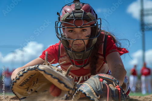 Female catcher ready to catch the ball during a baseball game