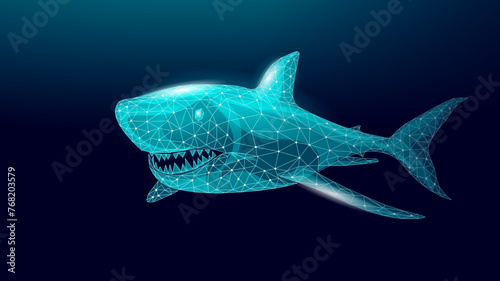 Ocean shark bottom view from below. Open toothy dangerous mouth with many teeth. Underwater blue sea waves clear water shark vector illustration