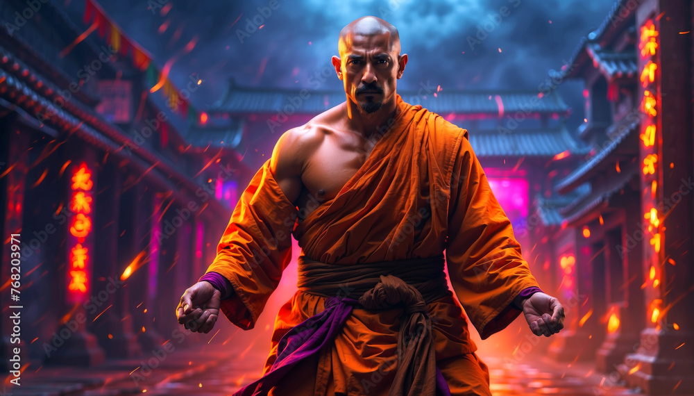 A Shaolin monk in fighting position - obrazy, fototapety, plakaty 