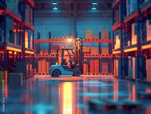 A forklift is driving through a warehouse with a bright light shining on it. The warehouse is filled with boxes and crates, and the forklift is the only vehicle in the scene