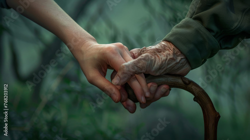 An elderly hand with a cane is gently held by a younger one.