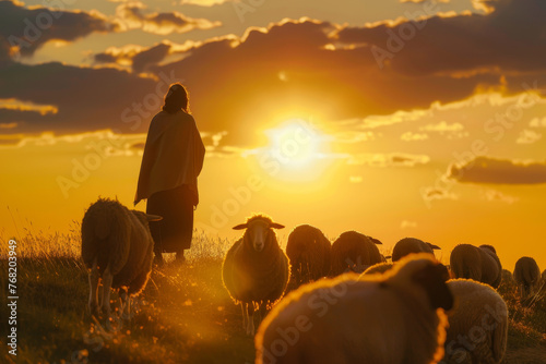 Jesus Christ standing on a hill in a meadow, overlooking a flock of sheep