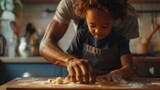 A toddler assists in baking, guided by a parent in a warm kitchen setting.