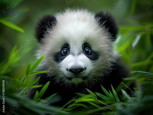 A panda bear is sitting in the middle of a forest. Generative AI.