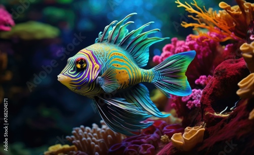 A colorful fish swimming in an ocean with coral and other sea life. Generative AI.