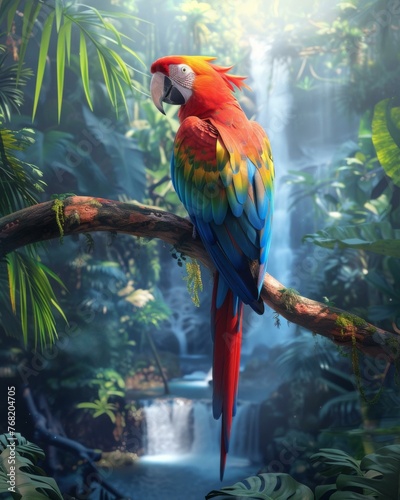 A colorful parrot perched on a branch in front of waterfall. Generative AI. © serg3d
