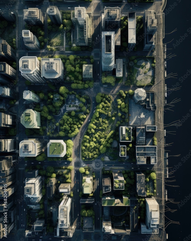 An aerial view of a city with lots of trees and buildings. Generative AI.