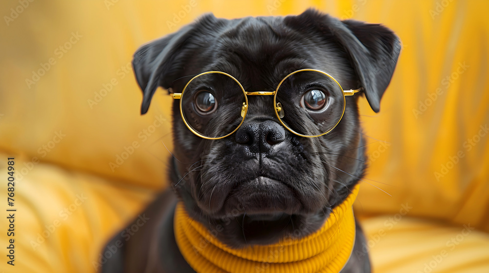 Pug wearing glasses and a yellow sweater. The dog is sitting on a sofa. The pug is looking at the camera. There is a funny expression on his face.