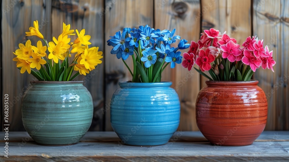 Three Vases With Different Colored Flowers