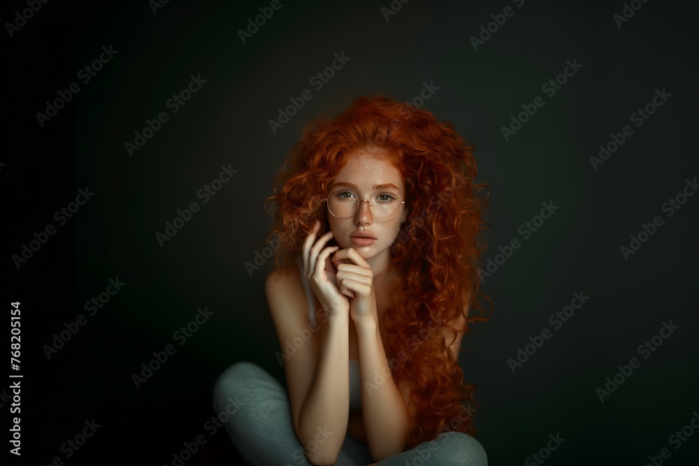 A woman with red hair sitting on the ground A woman with red hair sitting on the ground