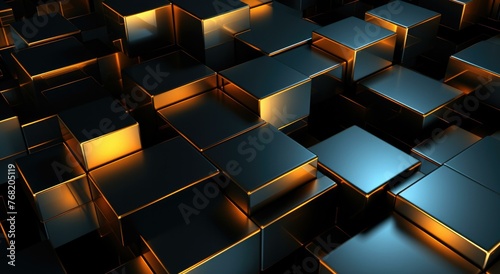 A bunch of cubes in a dark room with some glowing lights. Generative AI.