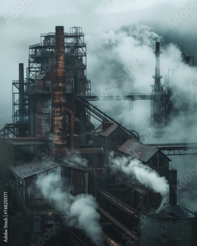 A factory with smoke coming out of it and a foggy sky. Generative AI.