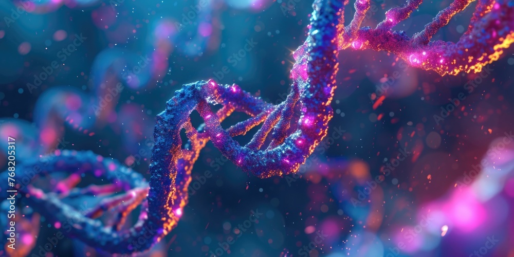 A close up of a DNA strand with purple and pink lights. Generative AI. A close up of a DNA strand with purple and pink lights. Generative AI.