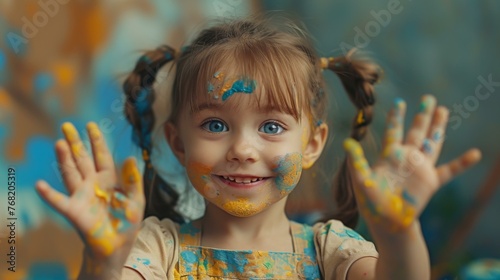 A little girl with paint all over her hands and face. Generative AI.