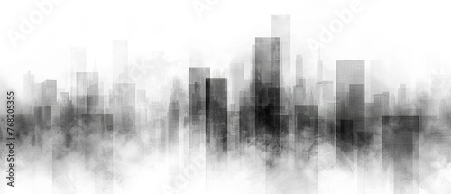 A black and white photo of a city skyline with fog. Generative AI. © serg3d