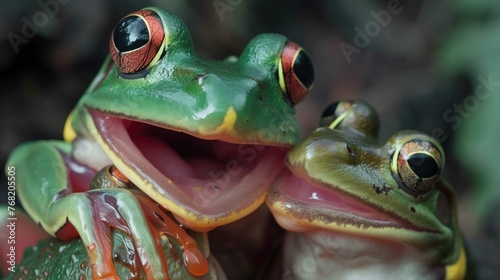 Two frogs are sitting next to each other with their mouths open. Generative AI.