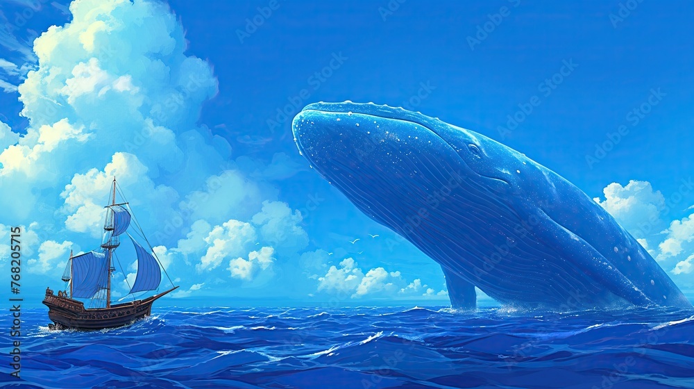 Giant Blue Whale Spotted Alongside Small Ship in Open Ocean Seascape ...