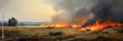 panorama of a fire in a field or steppe. burning dry withered grass. a larger open flame. a natural disaster. © MaskaRad