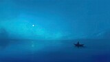 Nostalgic night sea journey, lone boat under a slender moon, deep blues, quietude, text space above clean sharp, focus