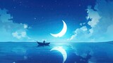 Nostalgic night sea journey, lone boat under a slender moon, deep blues, quietude, text space above clean sharp, focus