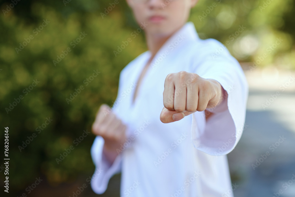 Taekwondo athlete training outdoors practicing jab punch - obrazy, fototapety, plakaty 