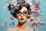 Beautiful woman in fashionable glasses with brown hair in vintage hairstyle, surrounded by lots of colorful paper notes and flowers. collage.