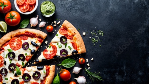 Pizza with ingredients, ready to eat, an advertising banner with a place for text