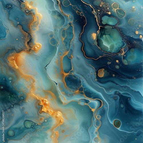 Gold and teal abstract artwork in the style of gelatinous forms photo