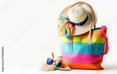 Colorful Tote Bag with Beach Accessories Isolated on White Background.