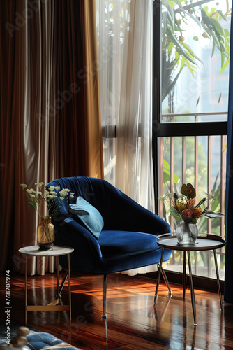 A dark blue velvet single-person sofa, brass legs, metal footrests, and a coffee table on the balcony with floor-to-ceiling windows. The sunlight outside shines through the curtains.