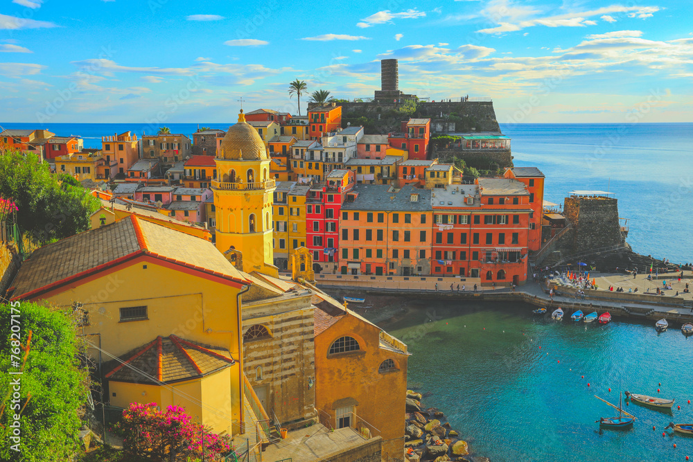 Beautiful Vernazza village on the coastline of Cinque Terre by the Ligurian Sea, Italy