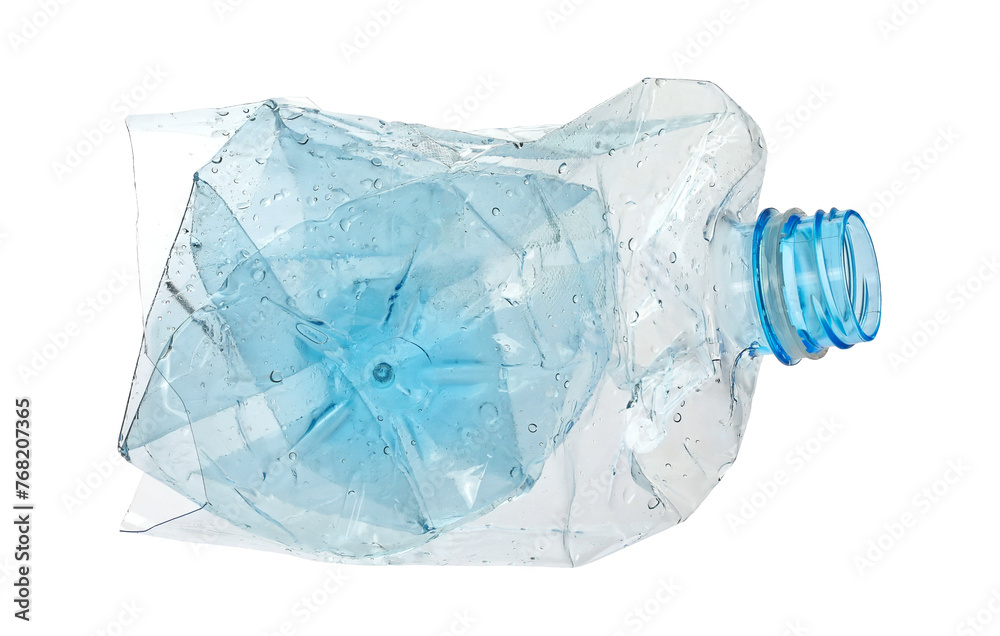 Blue plastic bottle crumpled, isolated on white, clipping path  - obrazy, fototapety, plakaty 