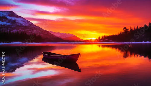sunset over the lake, sunrise over river, a boat floating on water, orange sky and clouds, Wall Art for Home Decor, Wallpaper and Background for Mobile Cell Phone, Smartphone, Cellphone, desktop