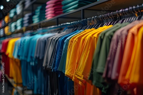 Rows of colorful tshirts hanging on display racks in a clothing store. Concept Clothing Store Display, Colorful Tshirts, Fashion Merchandise, Retail Environment, Shopping Experience