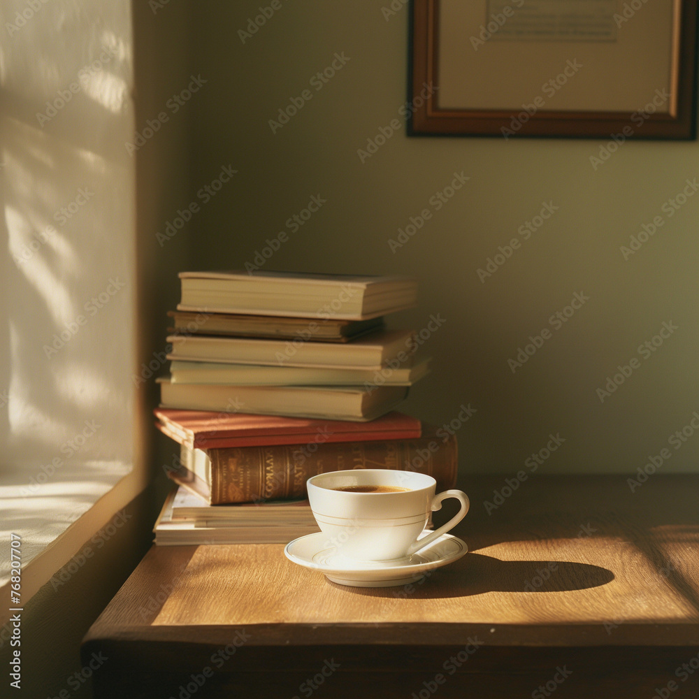 コーヒーブレイク。窓辺に置かれたコーヒーカップ