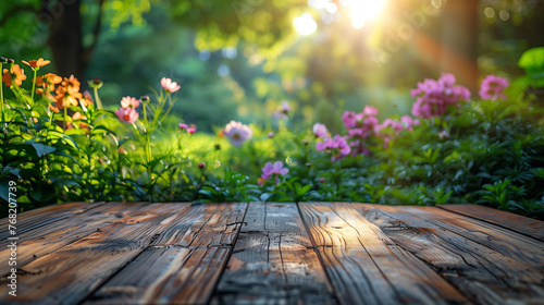 Empty Wooden Table With Garden Background
