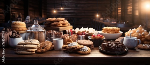A wooden table covered by a brown tablecloth is adorned with a variety of cookies and pastries, including sweet chocolates and crispy wafer snacks, creating a tempting spread.